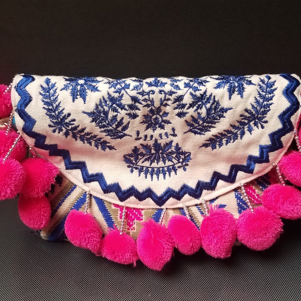 PAPER SOURCE POMPOM CROSS BAG EMBROIDERED CLUTCH